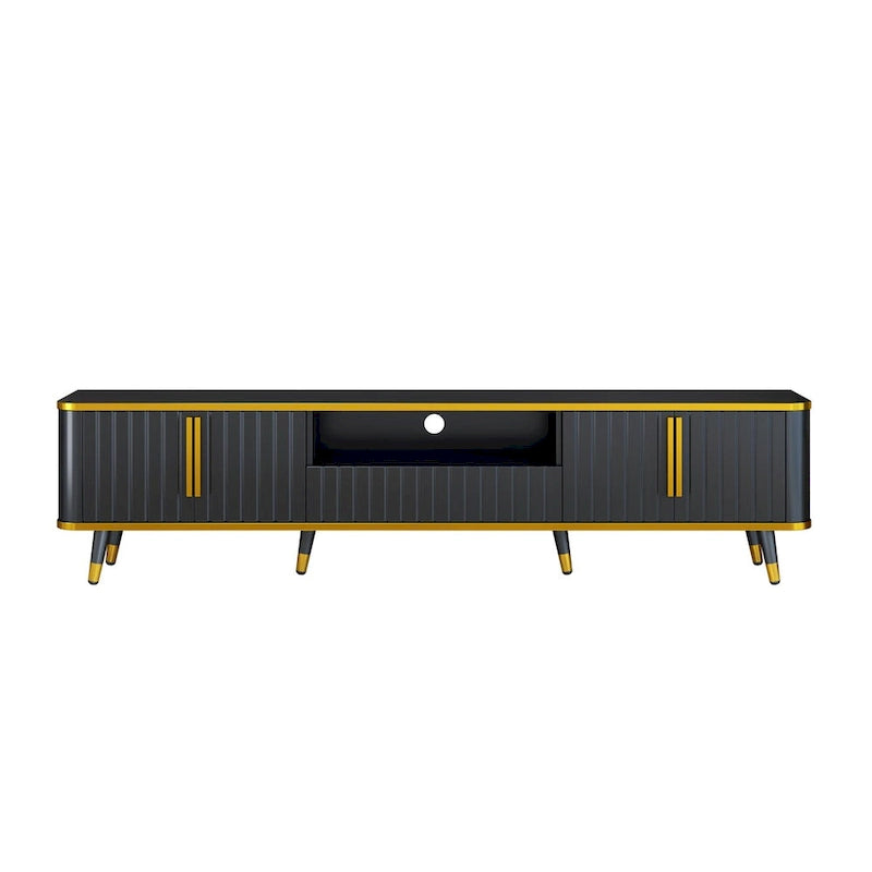 Meuble TV avec étagère de rangement ouverte pour téléviseurs jusqu'à 85 pouces, avec armoires et tiroirs, console média pratique avec pieds uniques