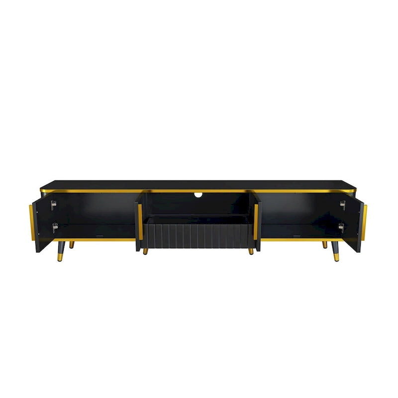 Meuble TV avec étagère de rangement ouverte pour téléviseurs jusqu'à 85 pouces, avec armoires et tiroirs, console média pratique avec pieds uniques