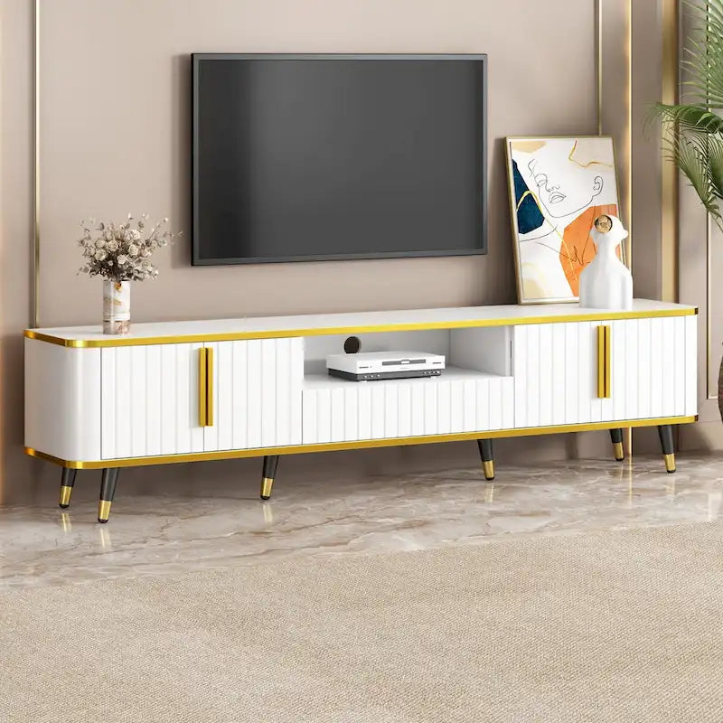 Meuble TV avec étagère de rangement ouverte pour téléviseurs jusqu'à 85 pouces, avec armoires et tiroirs, console média pratique avec pieds uniques