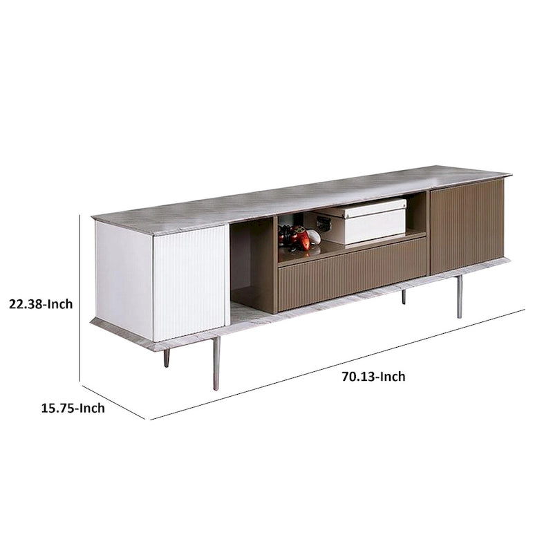 Meuble TV 70 pouces, 1 tiroir, étagères, blanc, marron, gris