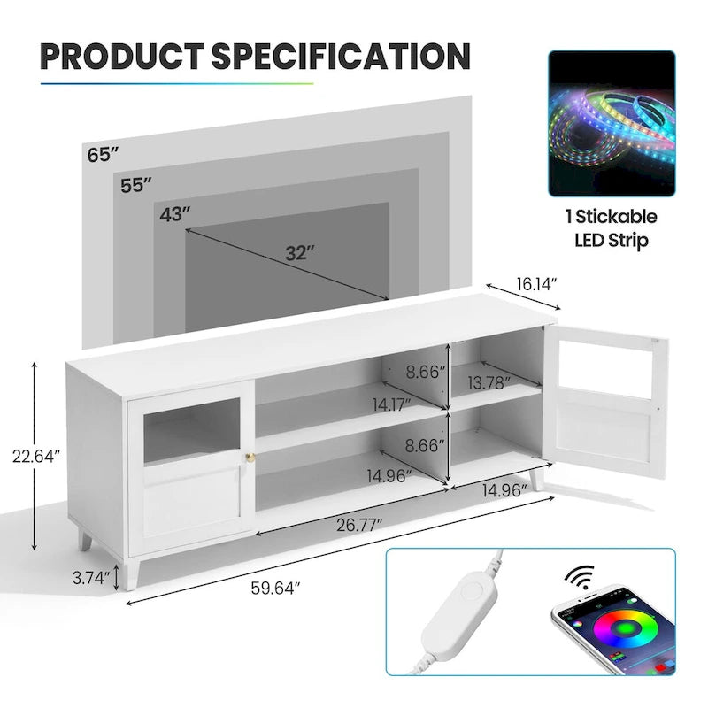 Meuble TV LED avec console multimédia éclairée, meuble de divertissement avec rangement - 59,7 pouces de large