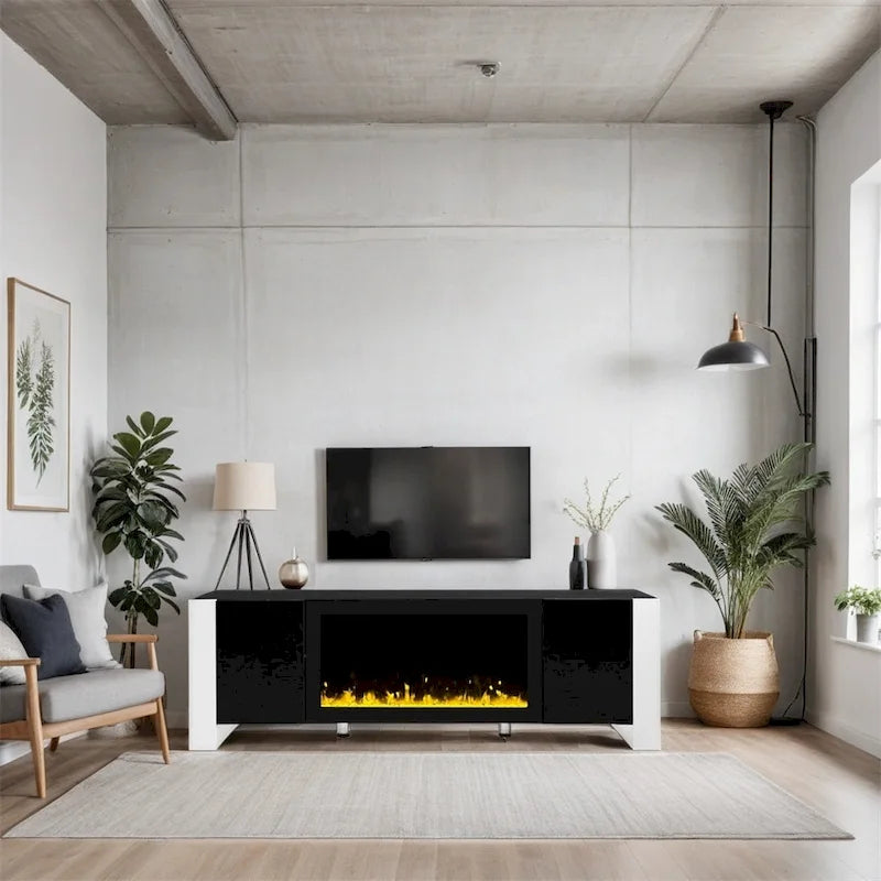 Meuble TV moderne avec foyer électrique non chauffant de 34,2 po et armoires