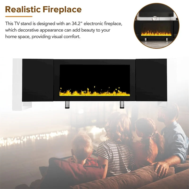 Meuble TV moderne avec foyer électrique non chauffant de 34,2 po et armoires
