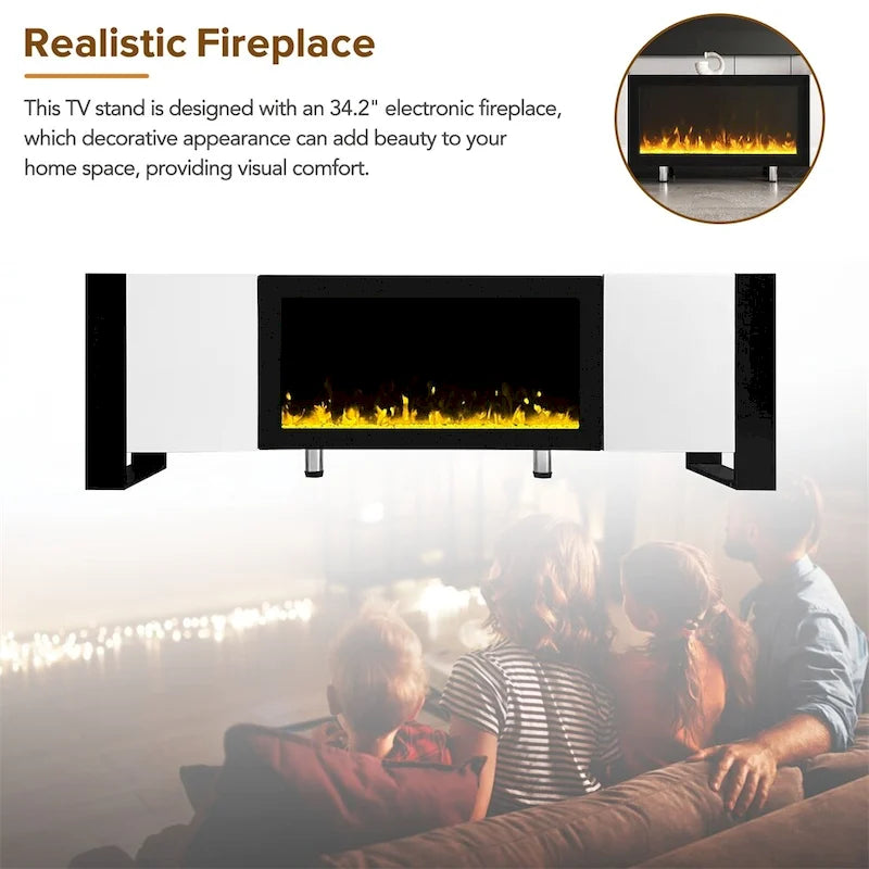 Meuble TV moderne avec foyer électrique non chauffant de 34,2 po et armoires