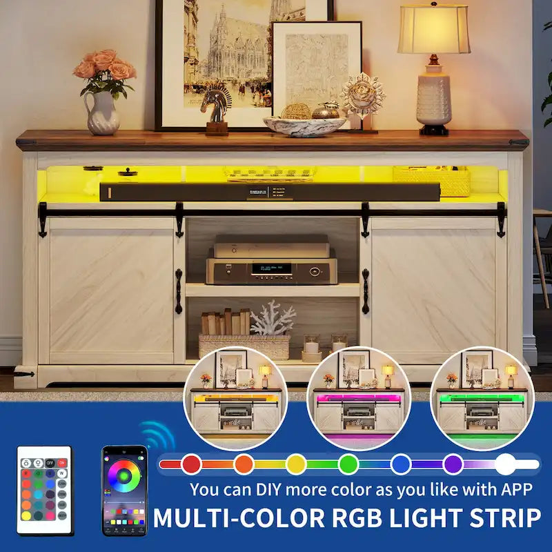 Meuble TV de ferme Moasis pour téléviseur jusqu'à 75 pouces, console média avec porte coulissante de style grange et lumières LED
