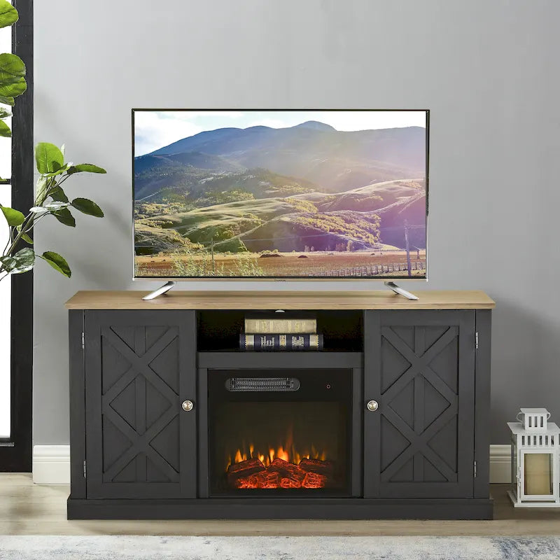 Meuble TV anthracite de 137 cm pour téléviseurs jusqu'à 152 cm avec cheminée électrique