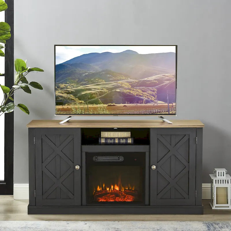Meuble TV anthracite de 137 cm pour téléviseurs jusqu'à 152 cm avec cheminée électrique
