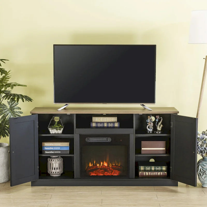 Meuble TV anthracite de 137 cm pour téléviseurs jusqu'à 152 cm avec cheminée électrique
