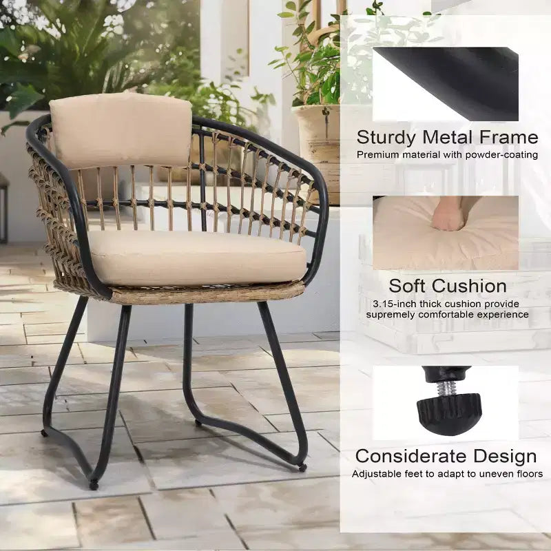 Crestlive Products Lot de 2/3 chaises de salle à manger d'extérieur pour patio en rotin avec accoudoirs et coussin