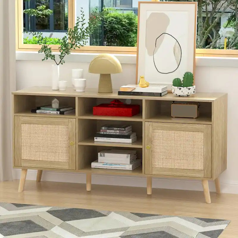 Meuble TV Anmytek moderne en rotin et bois, console, meuble TV pour téléviseurs jusqu'à 65 pouces - 59