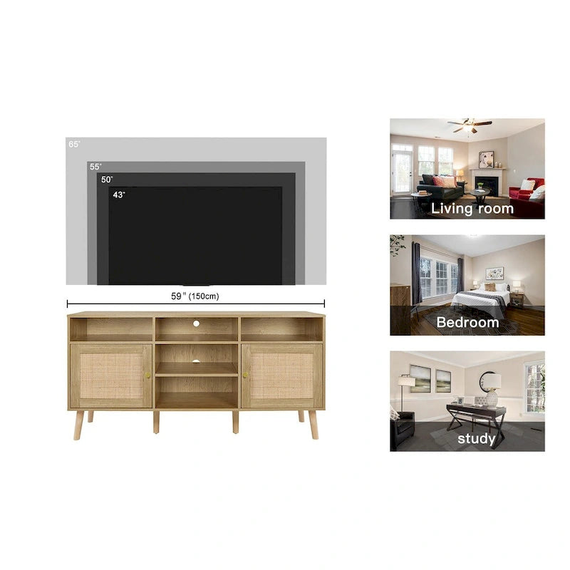 Meuble TV Anmytek moderne en rotin et bois, console, meuble TV pour téléviseurs jusqu'à 65 pouces - 59