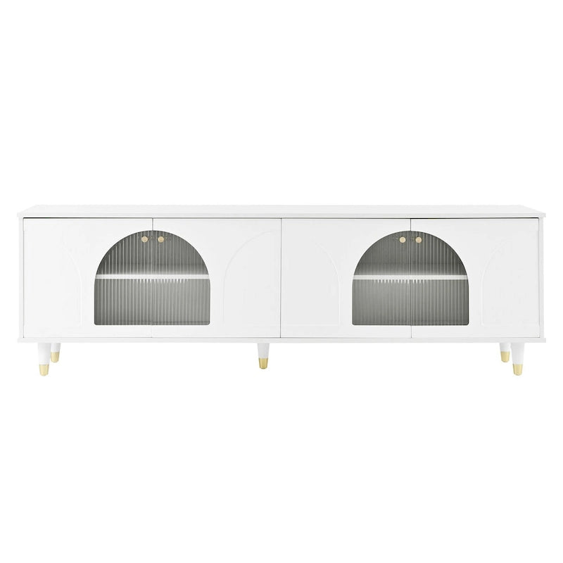 Meuble TV Mieres pour téléviseurs jusqu'à 78 pouces, centre de divertissement avec étagères réglables, poignées dorées et portes en verre cannelé en forme d'arche