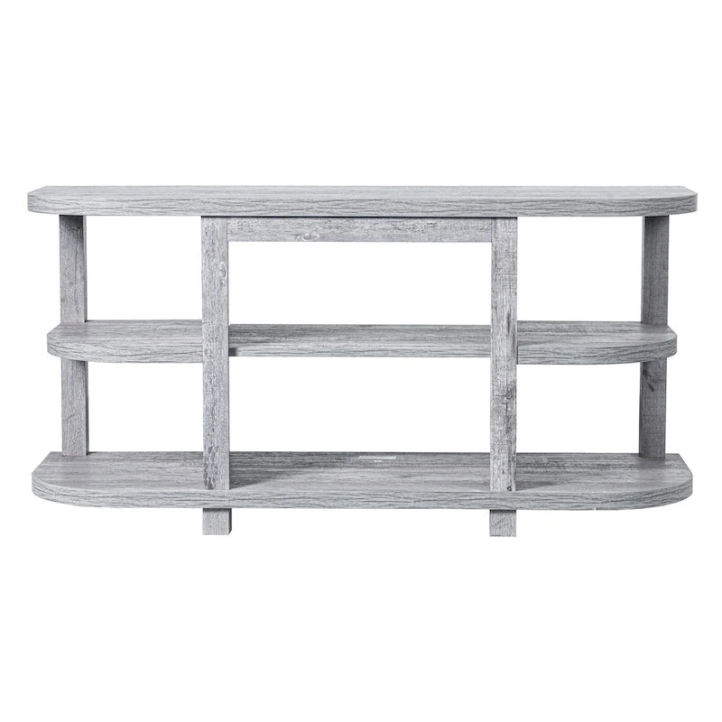 Meuble TV console de cheminée gris clair moderne avec étagères de rangement ouvertes