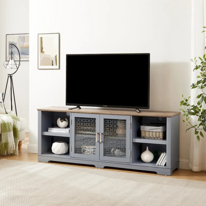 Meuble TV moderne, grande console de divertissement, pour téléviseur jusqu'à 80 pouces, avec étagères ouvertes et armoires à portes vitrées