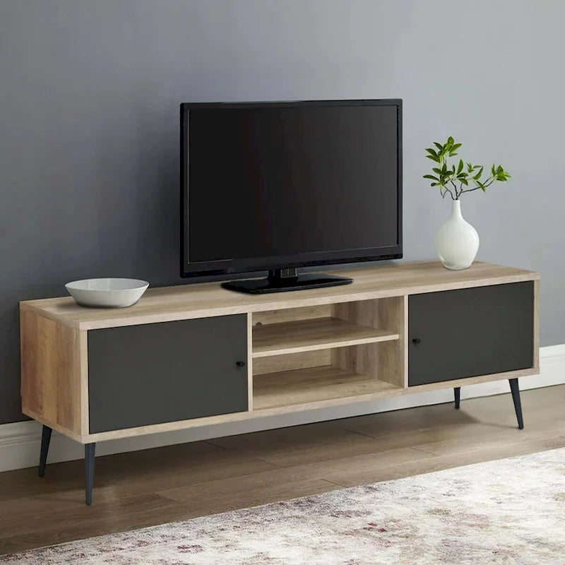 Meuble TV multimédia de 180 cm, 2 compartiments ouverts, marron, gris