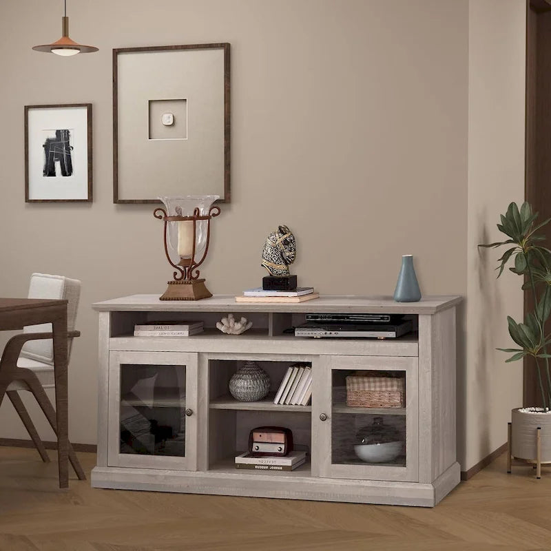 Meuble TV contemporain Roomfitters, console multimédia moderne, pour téléviseurs jusqu'à 65 pouces, espace de rangement ouvert et fermé