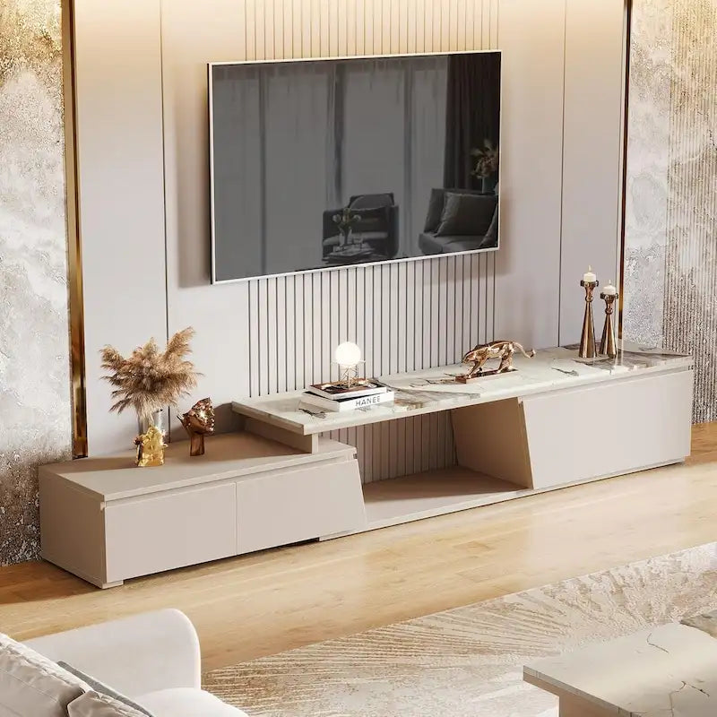 Meuble TV extensible de 70,9 à 105 pouces, centre de divertissement moderne extra long avec 3 tiroirs