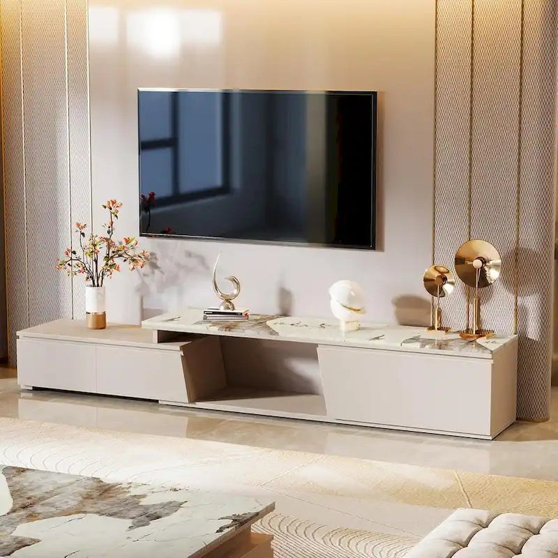 Meuble TV extensible de 70,9 à 105 pouces, centre de divertissement moderne extra long avec 3 tiroirs
