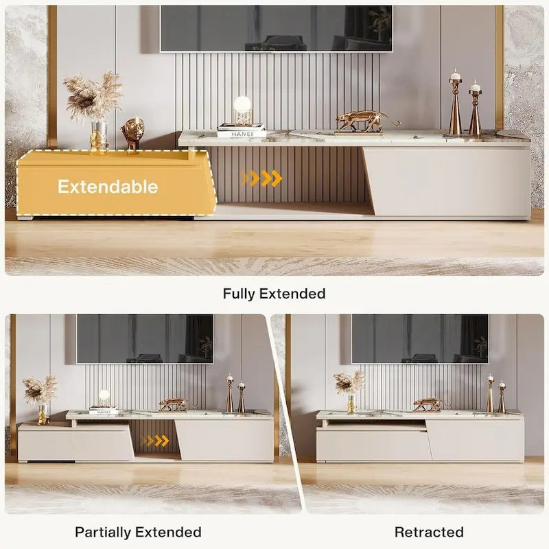 Meuble TV extensible de 70,9 à 105 pouces, centre de divertissement moderne extra long avec 3 tiroirs