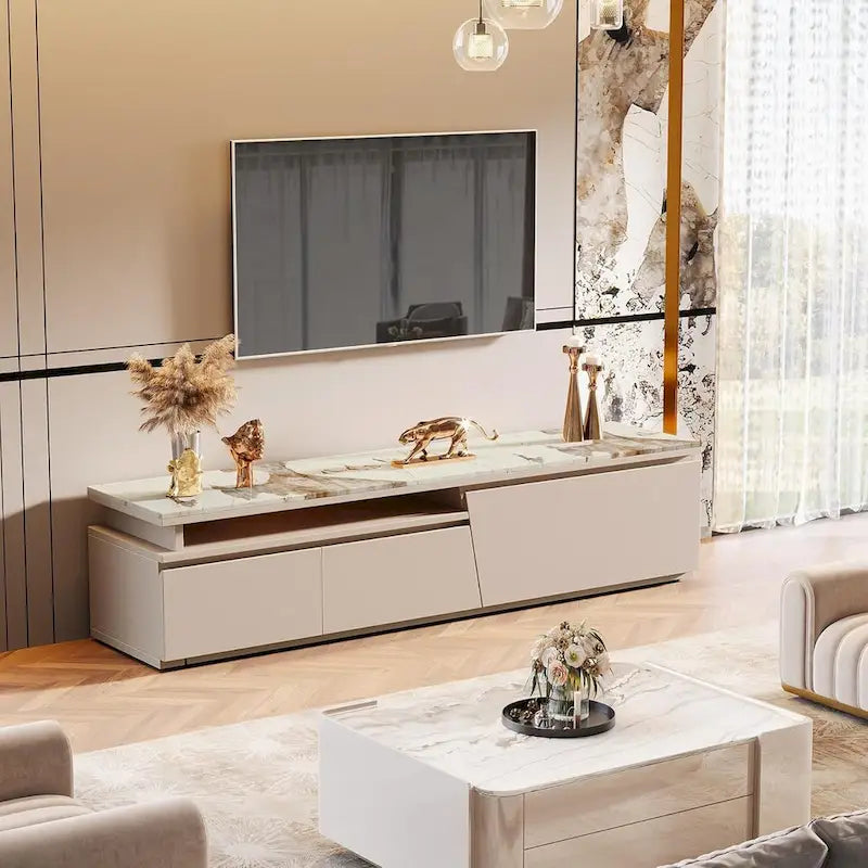 Meuble TV extensible de 70,9 à 105 pouces, centre de divertissement moderne extra long avec 3 tiroirs