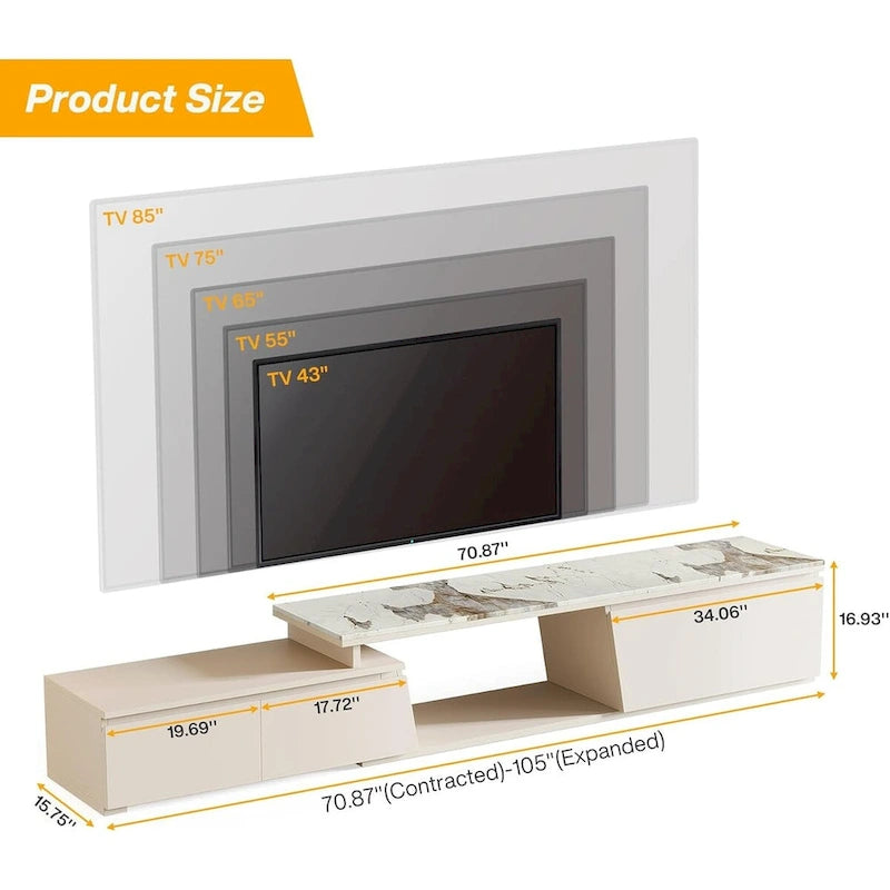 Meuble TV extensible de 70,9 à 105 pouces, centre de divertissement moderne extra long avec 3 tiroirs