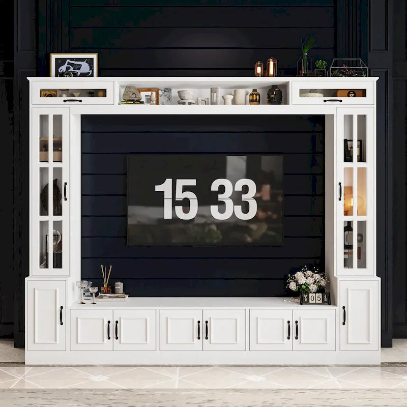 Meuble TV blanc avec plusieurs options de rangement Verre trempé - 96.9