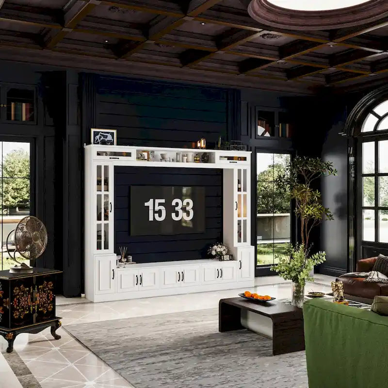 Meuble TV blanc avec plusieurs options de rangement Verre trempé - 96.9