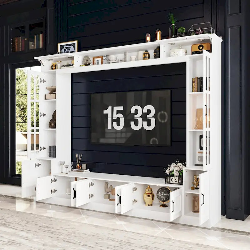 Meuble TV blanc avec plusieurs options de rangement Verre trempé - 96.9