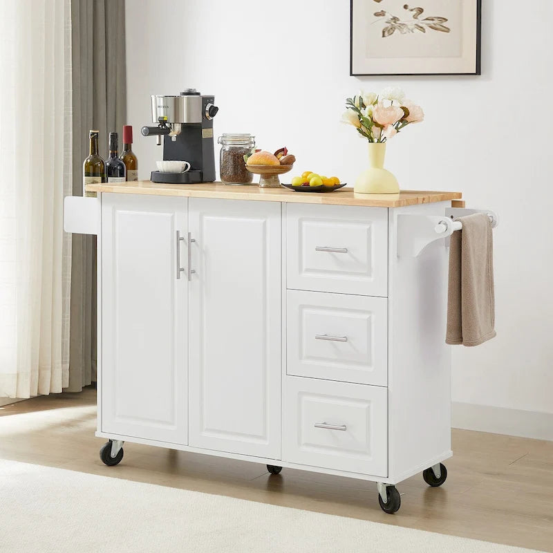Îlot de cuisine roulant avec comptoir rabattable, îlot de cuisine avec portes coulissantes, meuble de rangement et tour de rangement