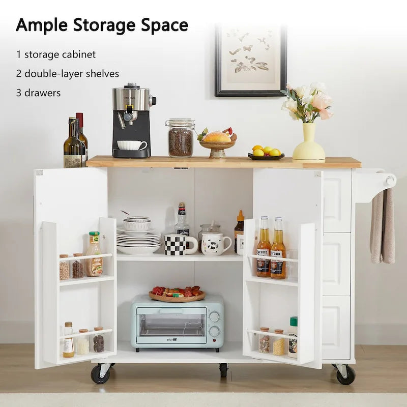 Îlot de cuisine roulant avec comptoir rabattable, îlot de cuisine avec portes coulissantes, meuble de rangement et tour de rangement