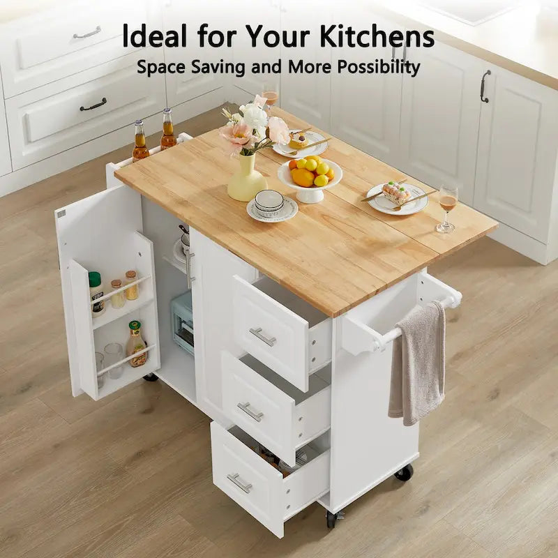 Îlot de cuisine roulant avec comptoir rabattable, îlot de cuisine avec portes coulissantes, meuble de rangement et tour de rangement
