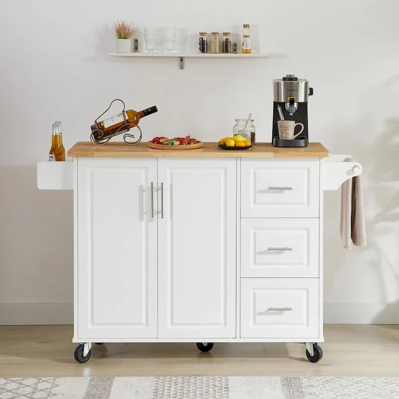 Îlot de cuisine roulant avec comptoir rabattable, îlot de cuisine avec portes coulissantes, meuble de rangement et tour de rangement