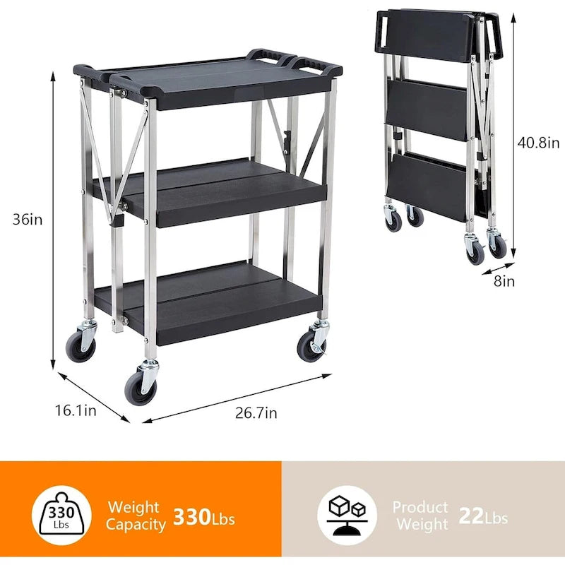 Chariot de service pliable noir à 3 niveaux avec roues verrouillables - S.O.