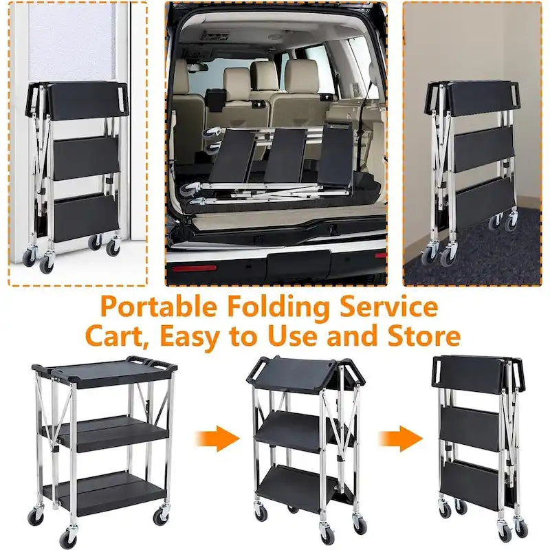 Chariot de service pliable noir à 3 niveaux avec roues verrouillables - S.O.