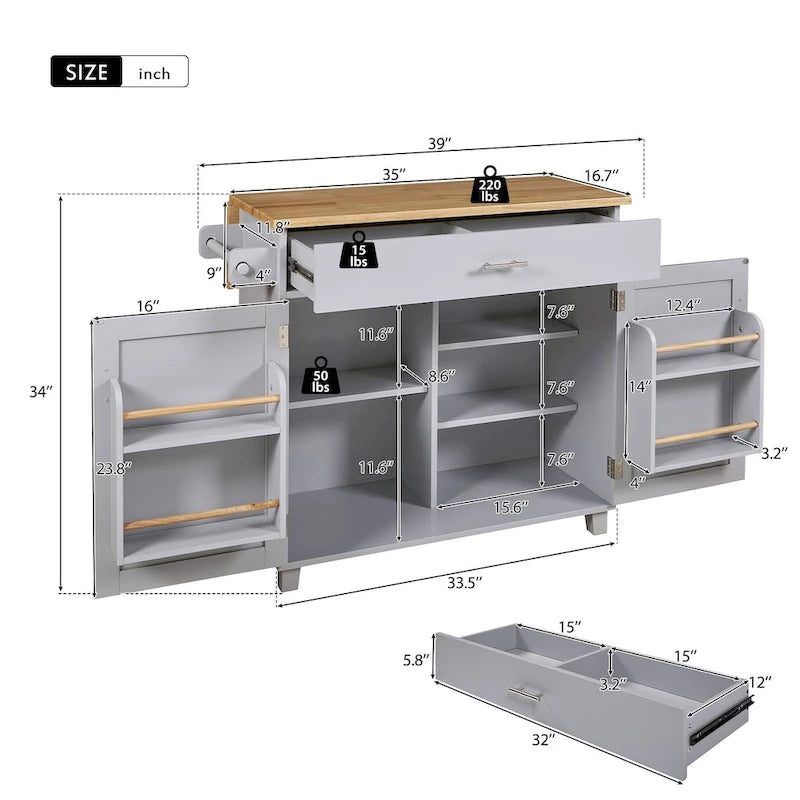 Îlot de cuisine roulant avec séparateur et étagère de rangement interne