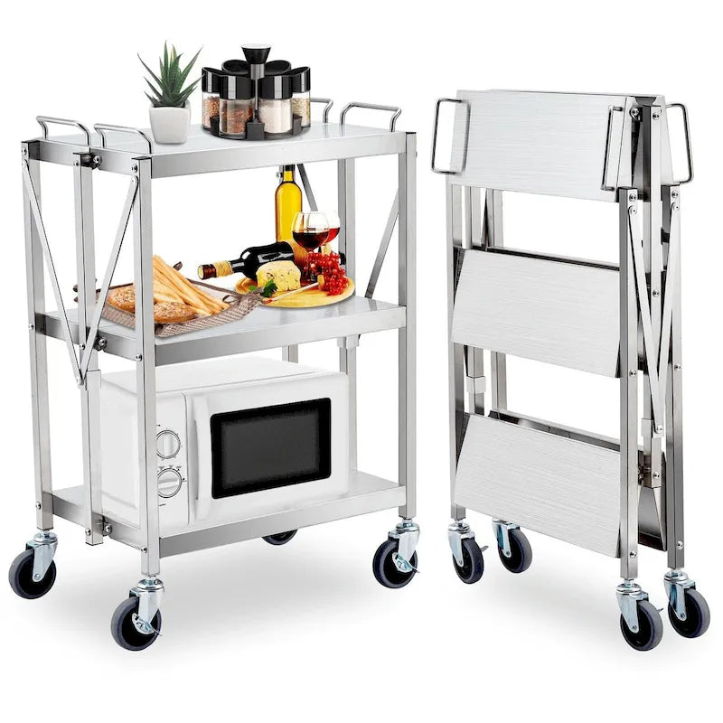 Chariot de service pliable en argent à 3 niveaux avec roues verrouillables - N/A