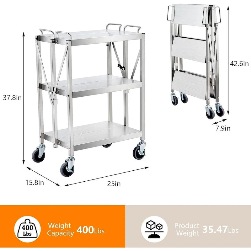 Chariot de service pliable en argent à 3 niveaux avec roues verrouillables - N/A