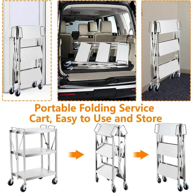 Chariot de service pliable en argent à 3 niveaux avec roues verrouillables - N/A