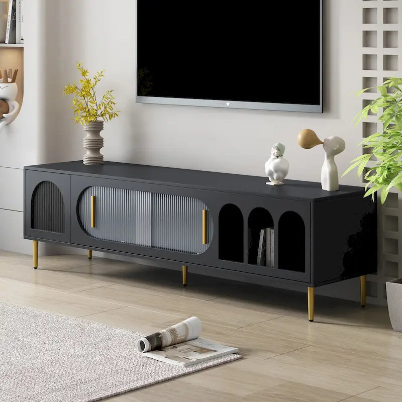 Meuble TV moderne pour téléviseur de 70 pouces et plus, meuble TV console média de centre de divertissement, avec 3 étagères et 2 armoires