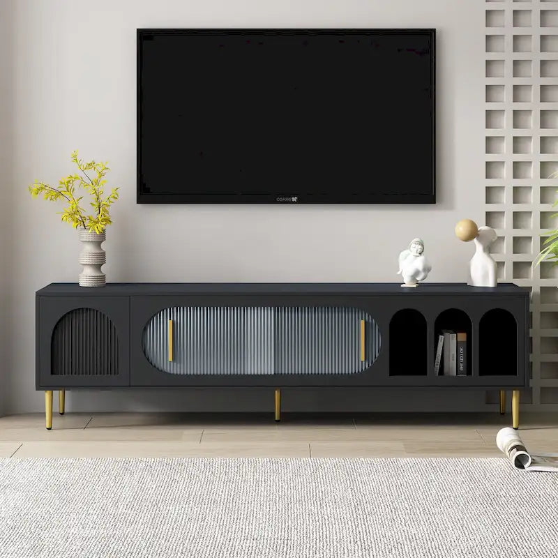 Meuble TV moderne pour téléviseur de 70 pouces et plus, meuble TV console média de centre de divertissement, avec 3 étagères et 2 armoires