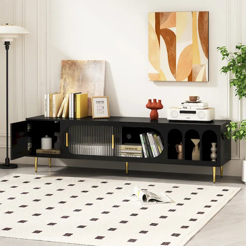 Meuble TV moderne pour téléviseur de 70 pouces et plus, meuble TV console média de centre de divertissement, avec 3 étagères et 2 armoires