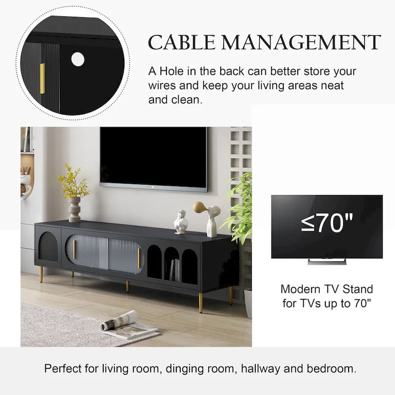 Meuble TV moderne pour téléviseur de 70 pouces et plus, meuble TV console média de centre de divertissement, avec 3 étagères et 2 armoires