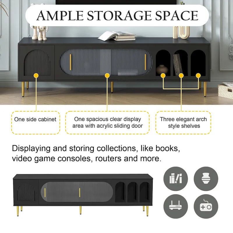 Meuble TV moderne pour téléviseur de 70 pouces et plus, meuble TV console média de centre de divertissement, avec 3 étagères et 2 armoires