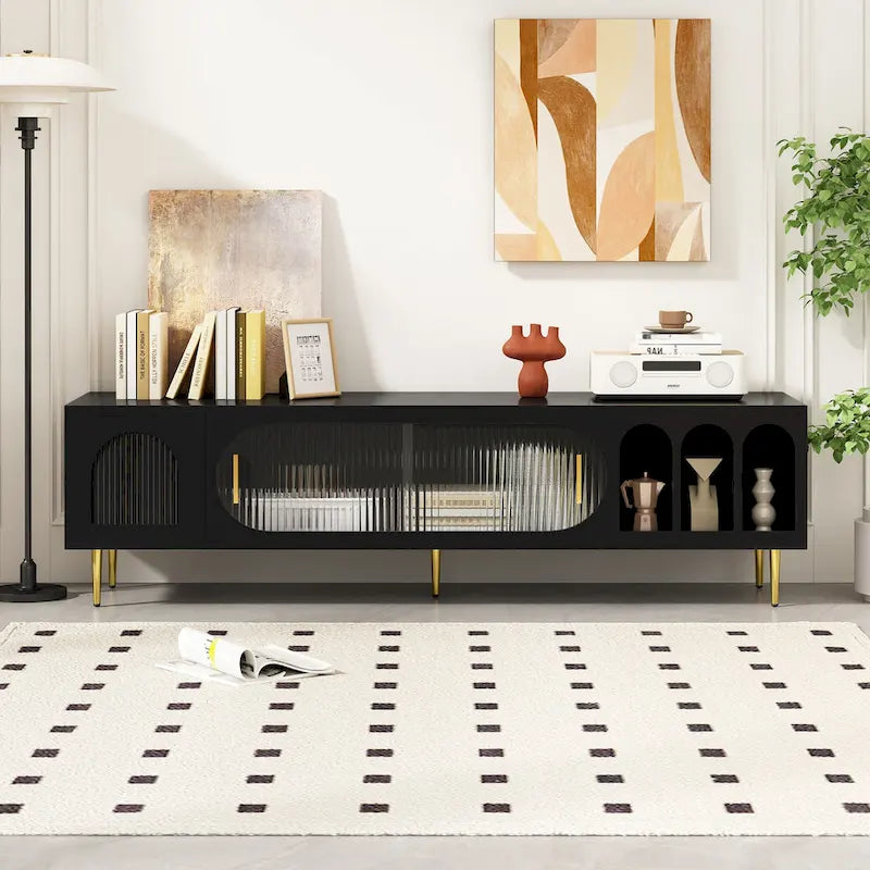Meuble TV moderne pour téléviseur de 70 pouces et plus, meuble TV console média de centre de divertissement, avec 3 étagères et 2 armoires