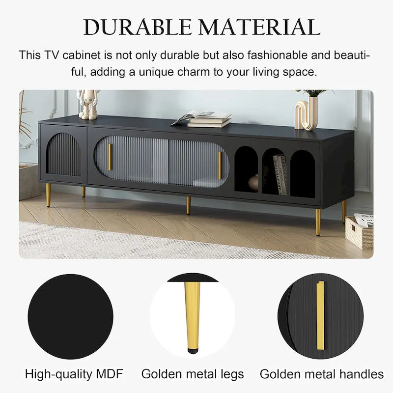 Meuble TV moderne pour téléviseur de 70 pouces et plus, meuble TV console média de centre de divertissement, avec 3 étagères et 2 armoires