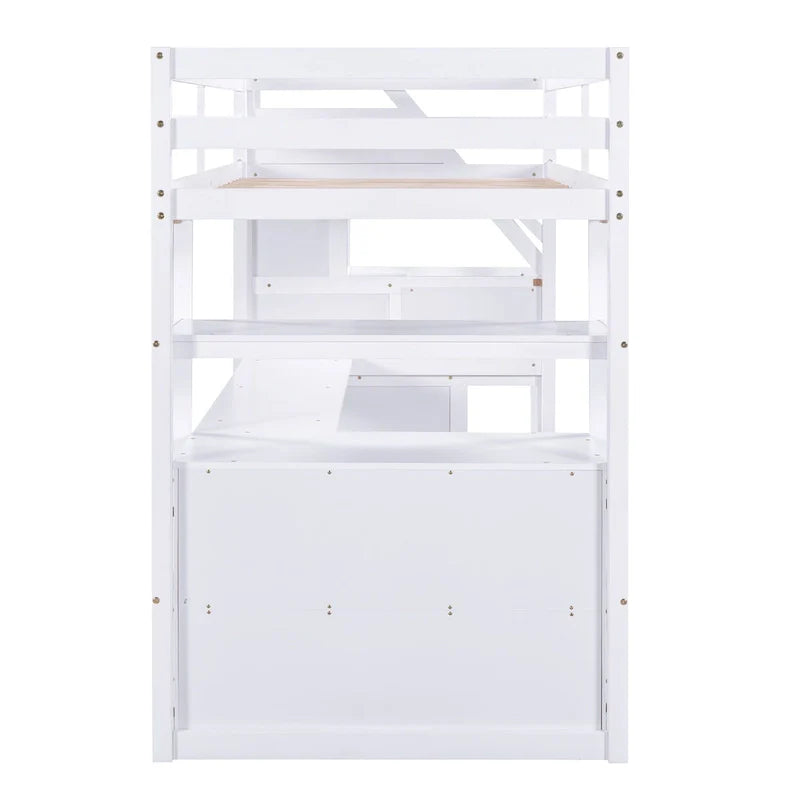 Lit mezzanine taille jumeau avec bureau et étagères, deux tiroirs intégrés, escalier de rangement