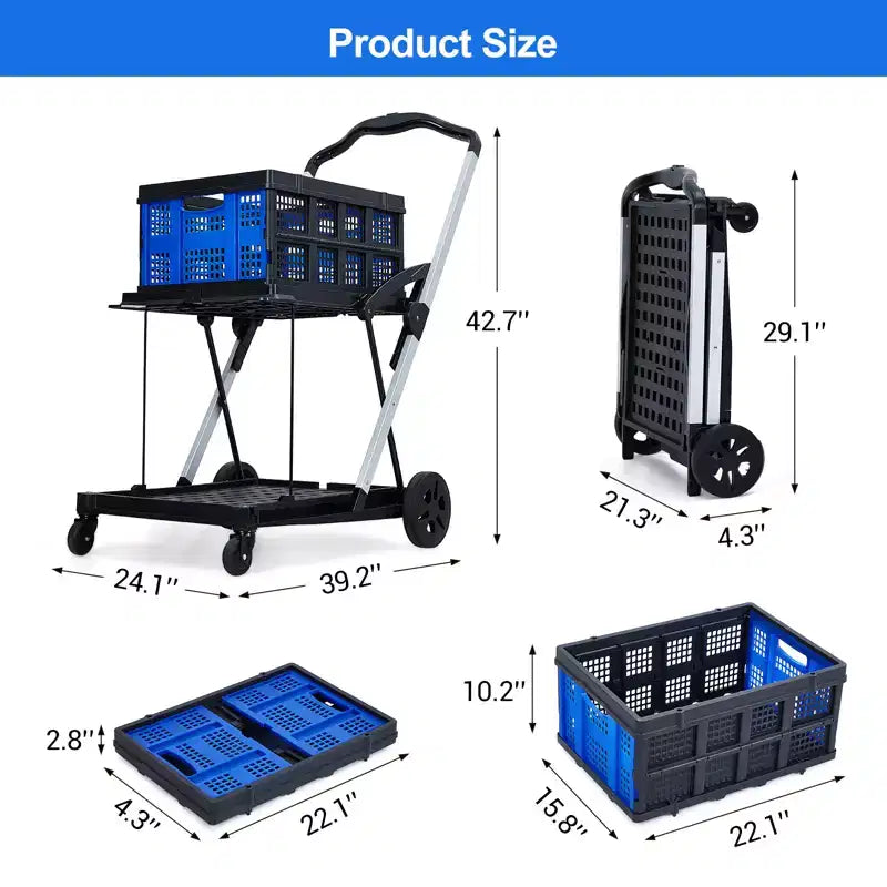 Chariots de courses pliants à 2 niveaux pour l'épicerie, capacité de 90 kg, chariot d'épicerie pliable portable avec roues et caisse amovible pour centre commercial, bleu