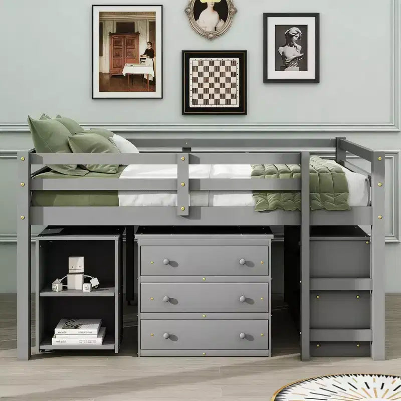 Lit bas mezzanine pleine grandeur avec bureau roulant, 3 tiroirs et étagères