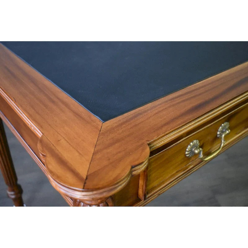 Bureau de style victorien en acajou massif brun foncé / brun clair avec sous-main en cuir noir et 3 tiroirs – Unité simple