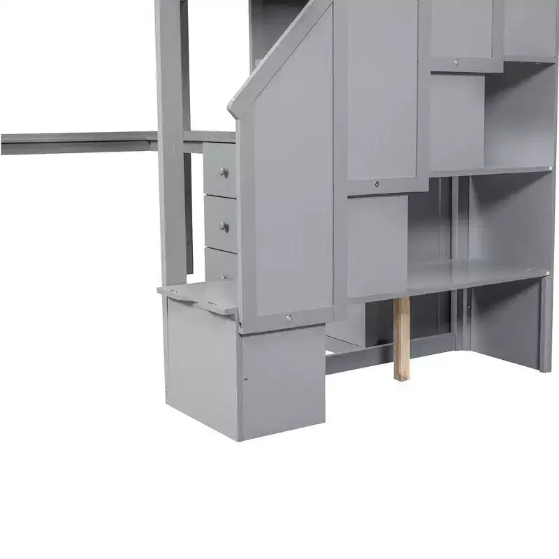 Lit mezzanine une place avec bureau en L, 3 tiroirs, placard, rangements intégrés dans l'escalier, en pin massif/MDF